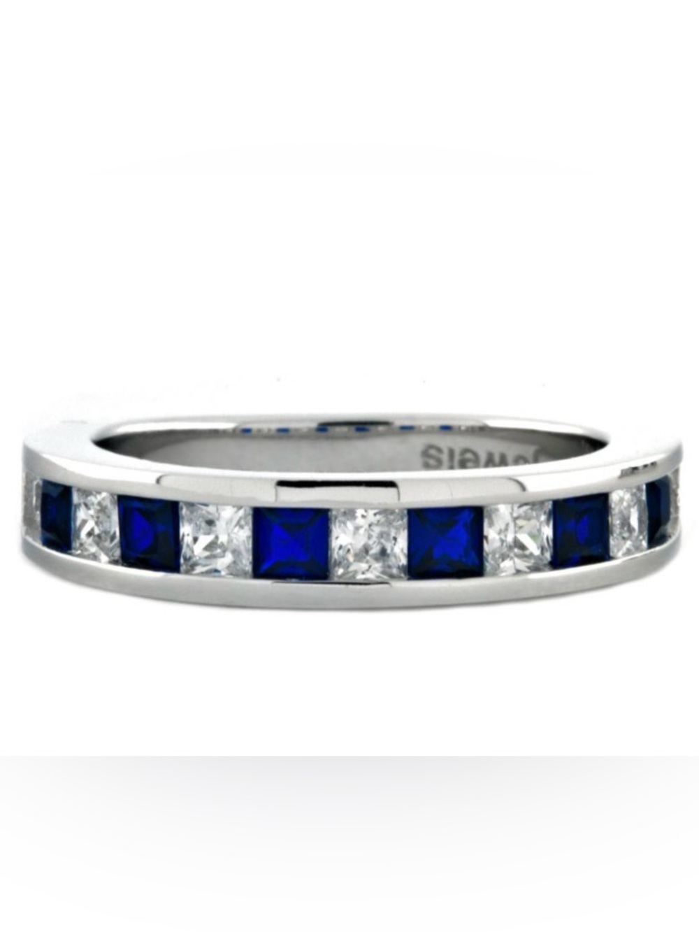 PRINCESS CUT SAPPHIRE & CZ SEMI-ETERNITY WEDDING BAND 925